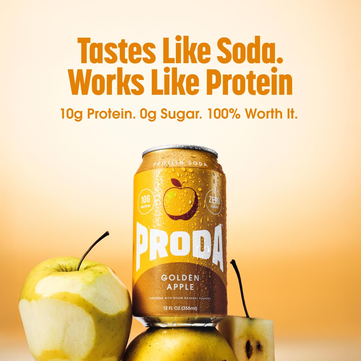 Proda Protein Soda, 10g Whey Protein, Zero Sugar, Golden Apple, 12-Pack