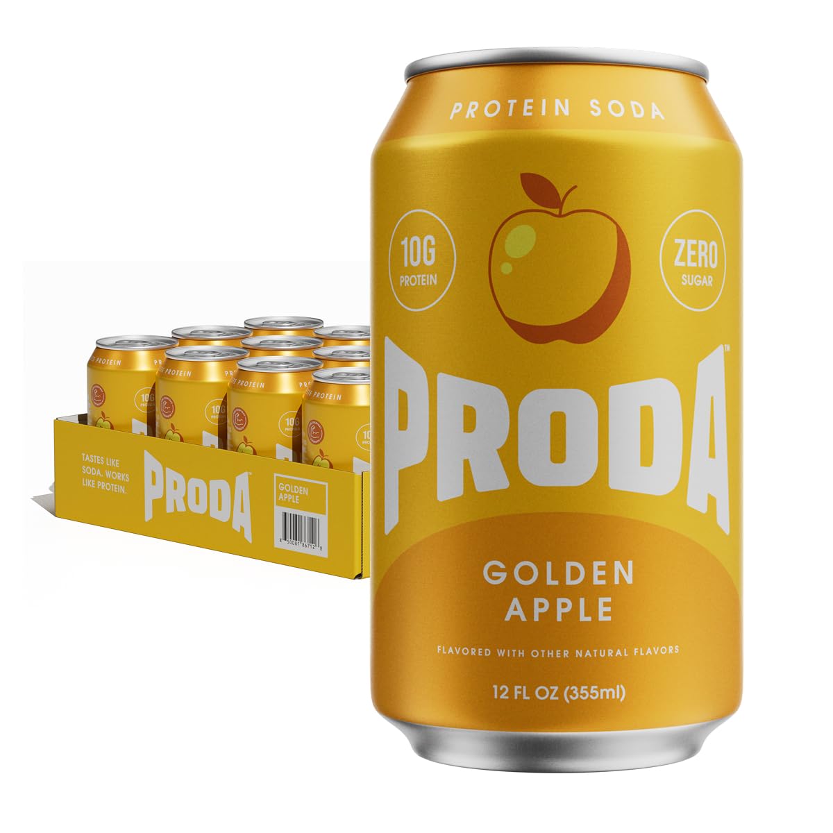 Proda Protein Soda, 10g Whey Protein, Zero Sugar, Golden Apple, 12-Pack