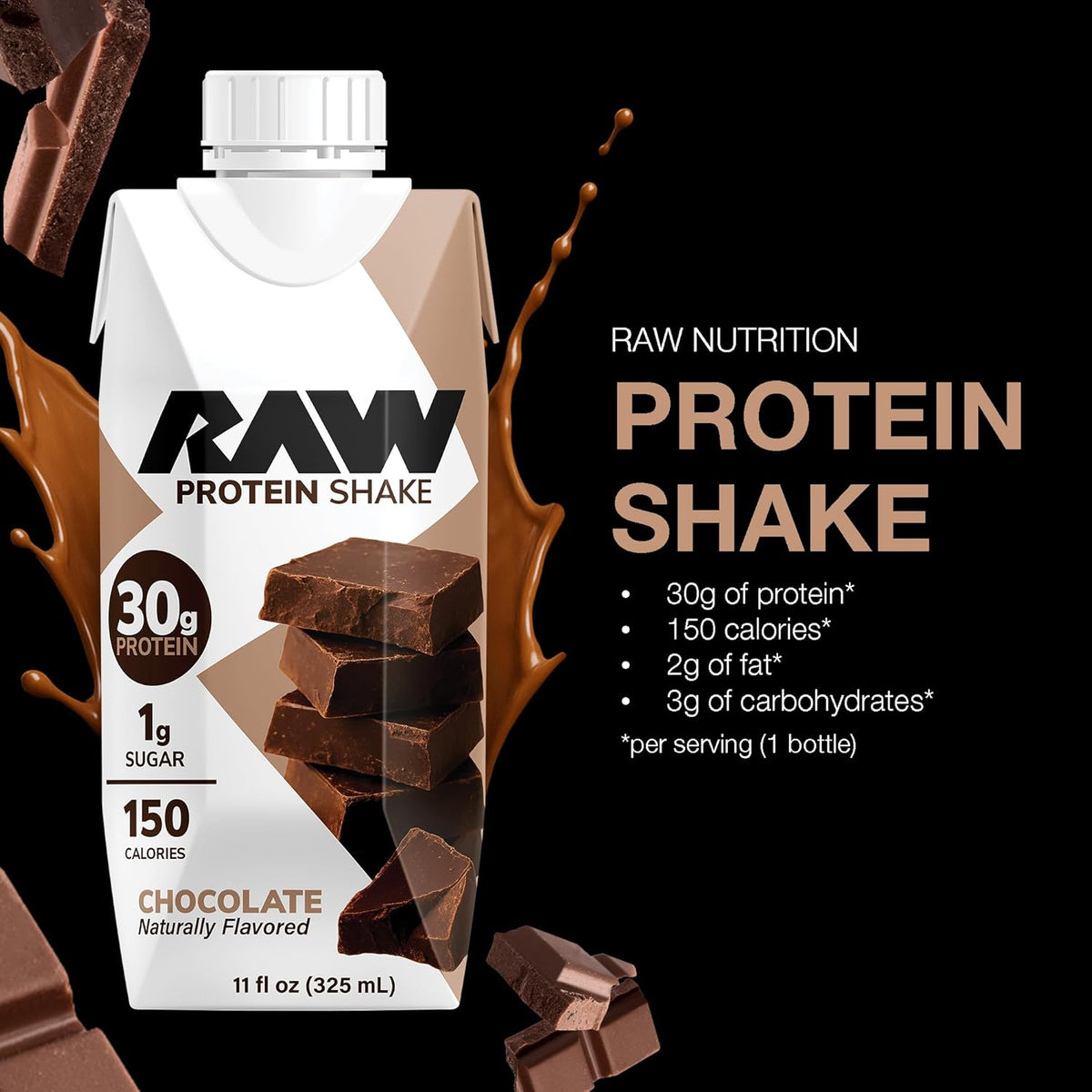 RAW Chocolate Protein Shake - Ready-to-drink Protein Drinks with 30g of Grass-Fed Whey Protein Isolate for Post-Workout - Low-Sugar & Gluten-Free Meal Replacement Drink & Breakfast Shake, 12 Fl Oz (12-Pack)