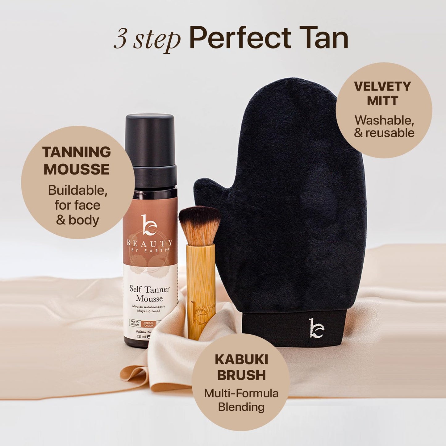 Self Tanner Tanning Mousse Kit - USA Made with Natural & Organic Ingredients, Tan Kit with Kabuki Brush & Mitt, Tanning Foam for Fake Tan, Non Toxic Sunless Tanner, Self Tanners Best Sellers