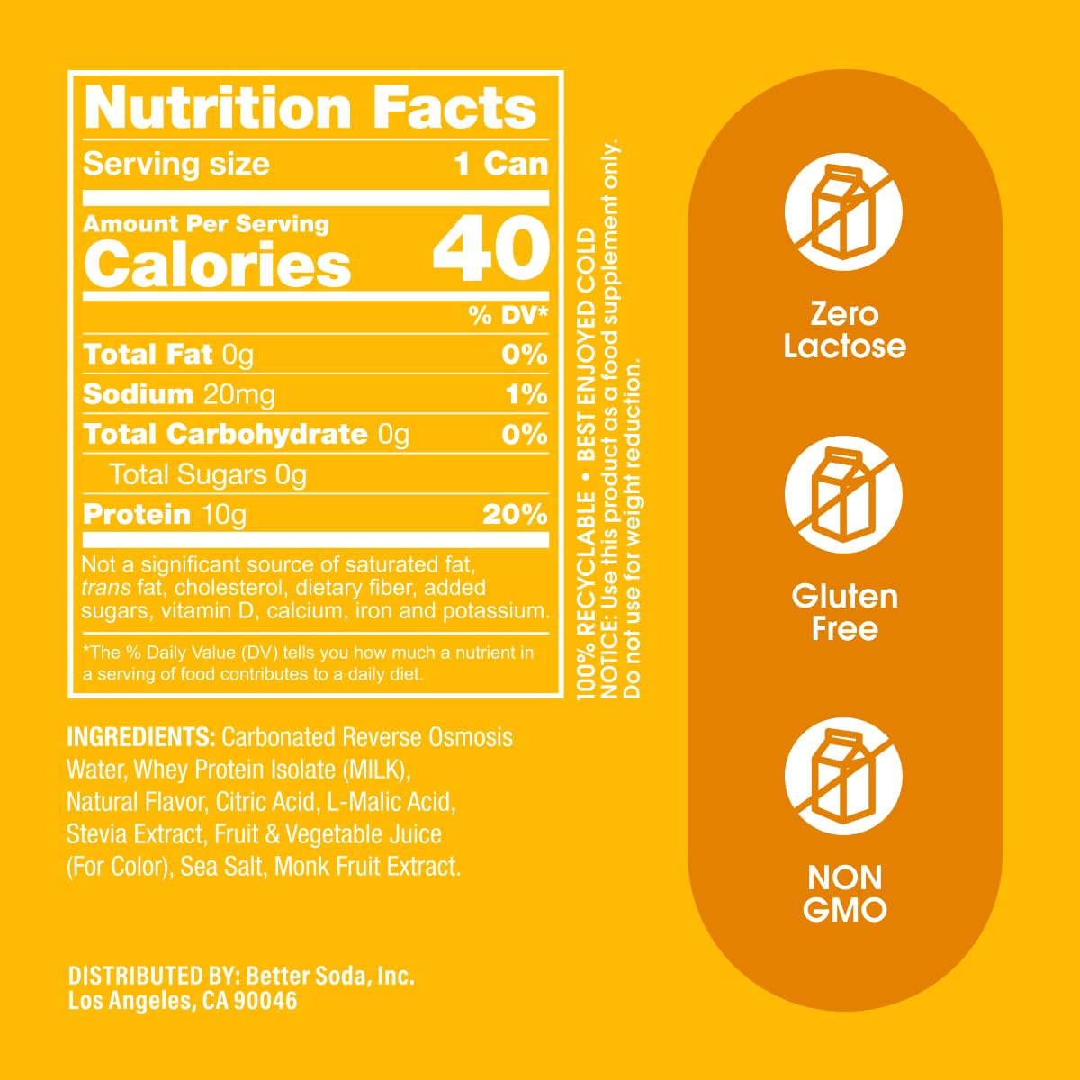 Proda Protein Soda, 10g Whey Protein, Zero Sugar, Golden Apple, 12-Pack