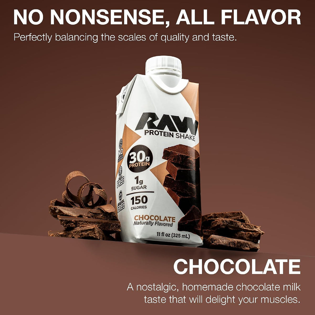 RAW Chocolate Protein Shake - Ready-to-drink Protein Drinks with 30g of Grass-Fed Whey Protein Isolate for Post-Workout - Low-Sugar & Gluten-Free Meal Replacement Drink & Breakfast Shake, 12 Fl Oz (12-Pack)
