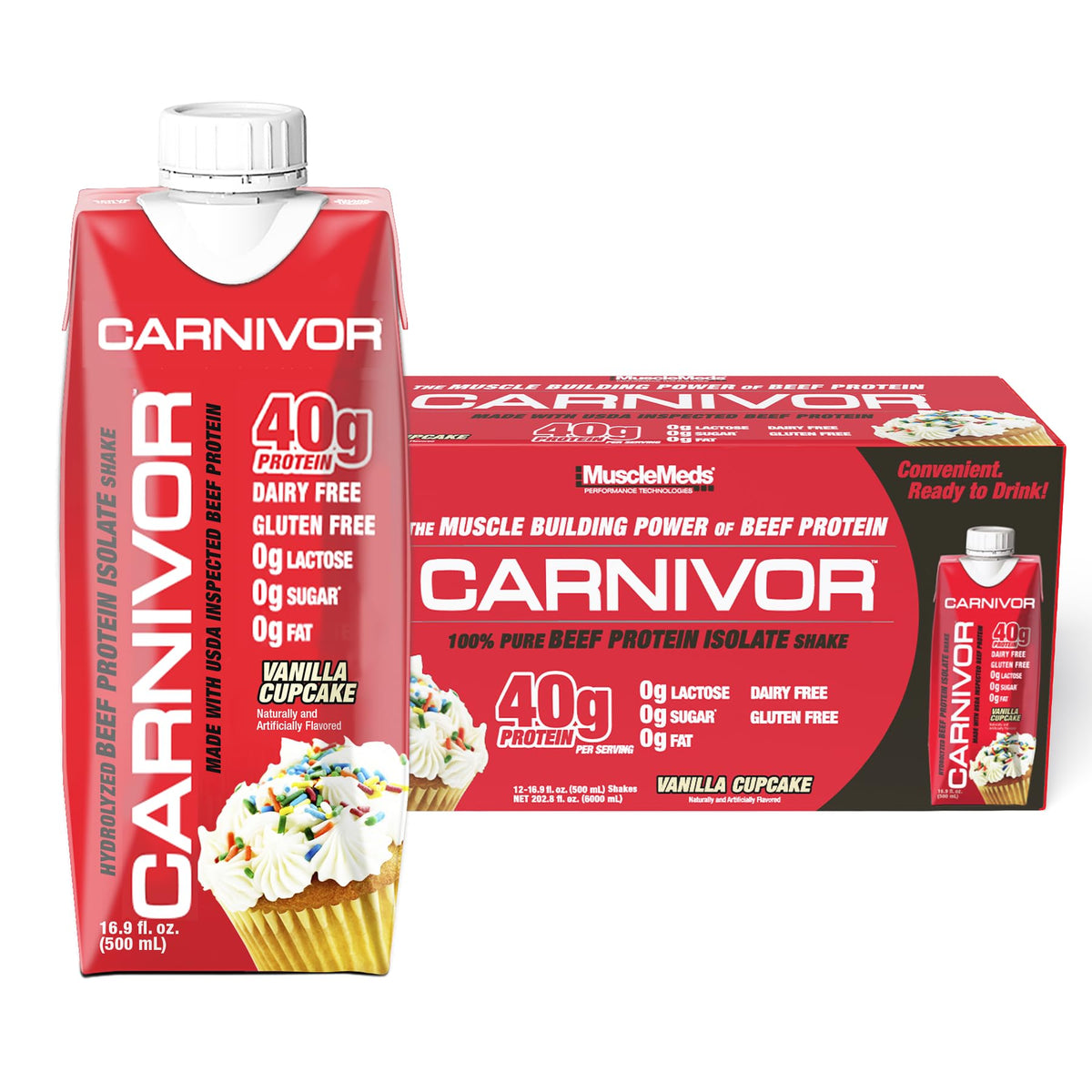 MuscleMeds Carnivor RTD, Ready to Drink Protein, Lactose Free, Sugar Free, 40g Isolate Protein, Muscle Building, Recovery, Halal Certified, Fruity Cereal, 16.9 Fl Oz (Pack of 12)