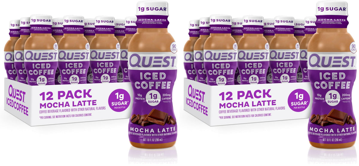 Quest Nutrition Iced Coffee, Mocha Latte, 1g of Sugar, 10g of Protein, 90 calories, 200mg of caffeine, 12 Count