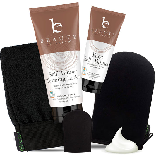 Self Tanner Face & Body - With Organic Aloe Vera & Shea Butter, Sunless Tanning Lotion, Bronzer Buildable Light, Medium or Dark Tan, Fake Tan Self Tanners Best Sellers, 7.5oz (body) 3oz (face)