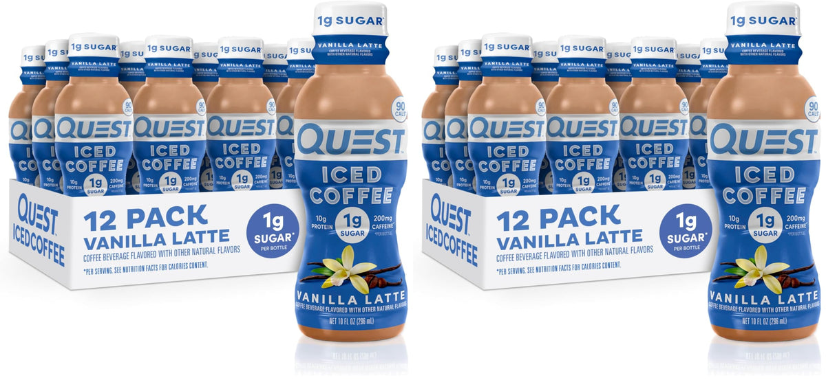 Quest Nutrition Iced Coffee, Mocha Latte, 1g of Sugar, 10g of Protein, 90 calories, 200mg of caffeine, 12 Count