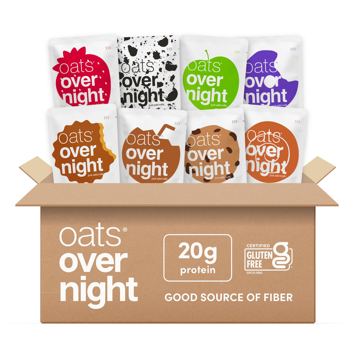 Oats Overnight Party Variety Pack – High Protein Oatmeal, 8 Pack + Bottle