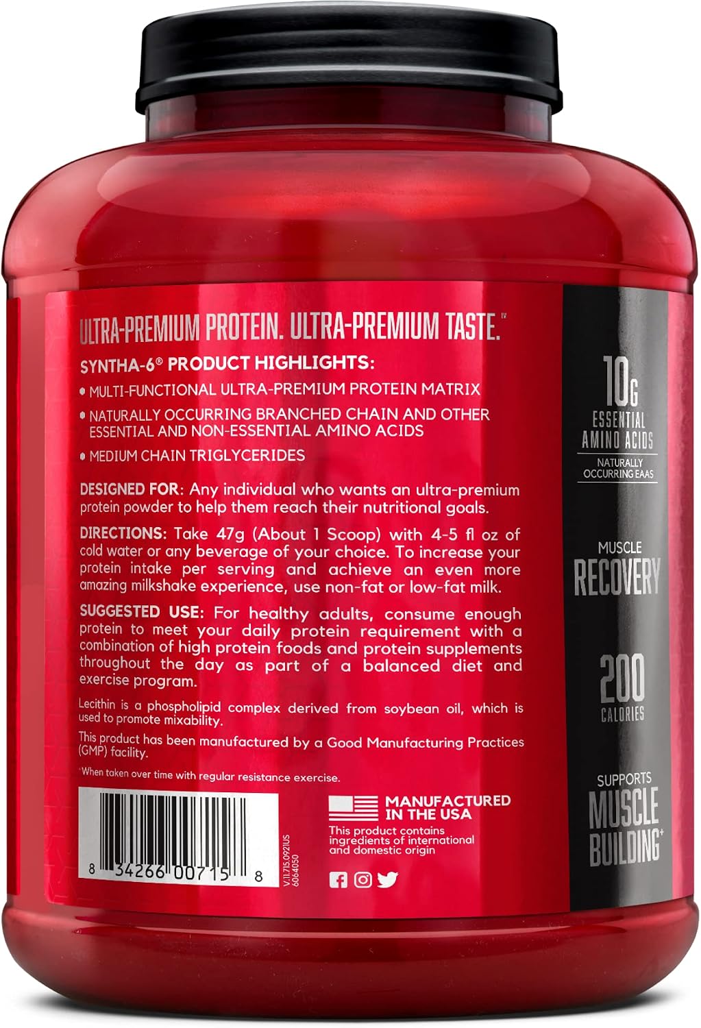 BSN SYNTHA-6 Premium Protein Powder, Strawberry Milkshake, 48 Servings