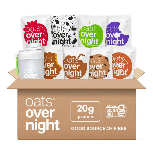 Oats Overnight Party Variety Pack – High Protein Oatmeal, 8 Pack + Bottle