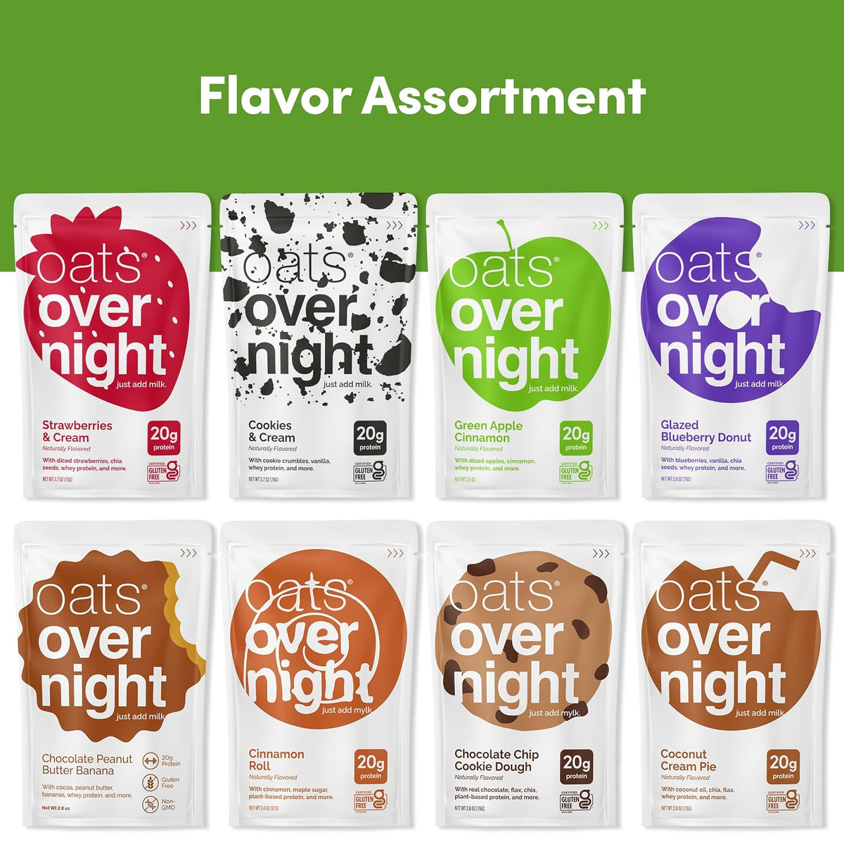 Oats Overnight Party Variety Pack – High Protein Oatmeal, 8 Pack + Bottle